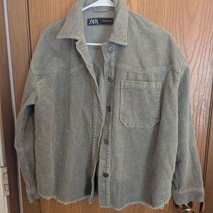 Zara Corduroy Button Collared Shirt-Jacket with Pockets Khaki Army Green-XS